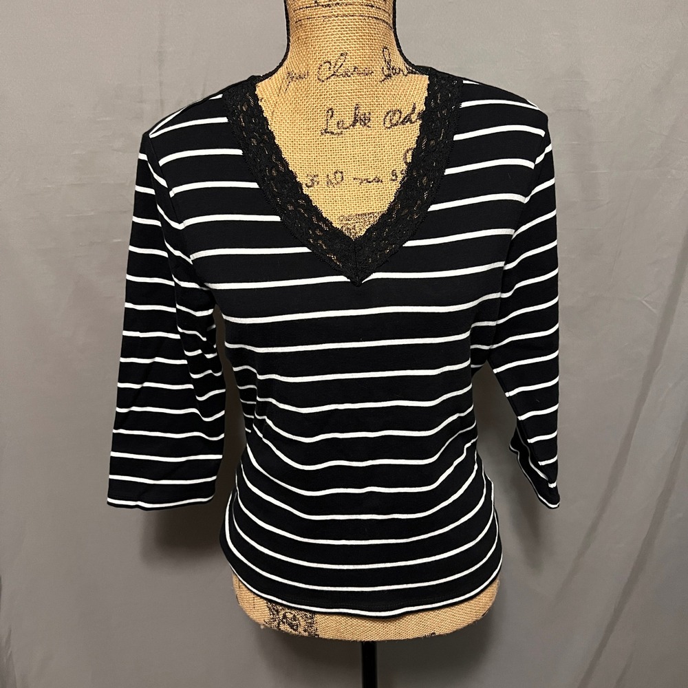 Chaps Striped Top Lace V-Neck 3/4 Sleeve Cotton Classic Tee Black‎ White Size L
